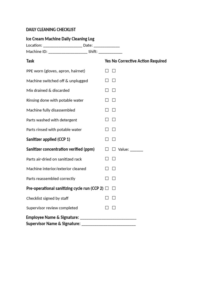 Ice Cream Machine Cleaning Checklist | PDF