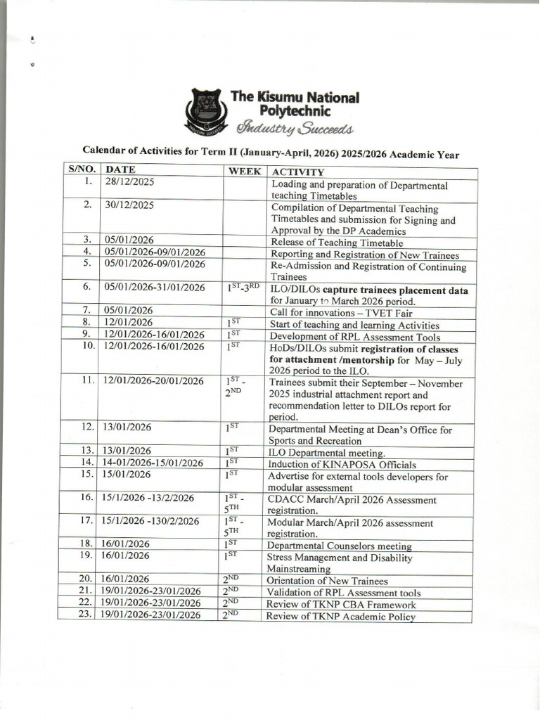 Calender of Activities Term 2 - Jan-April 2026 | PDF