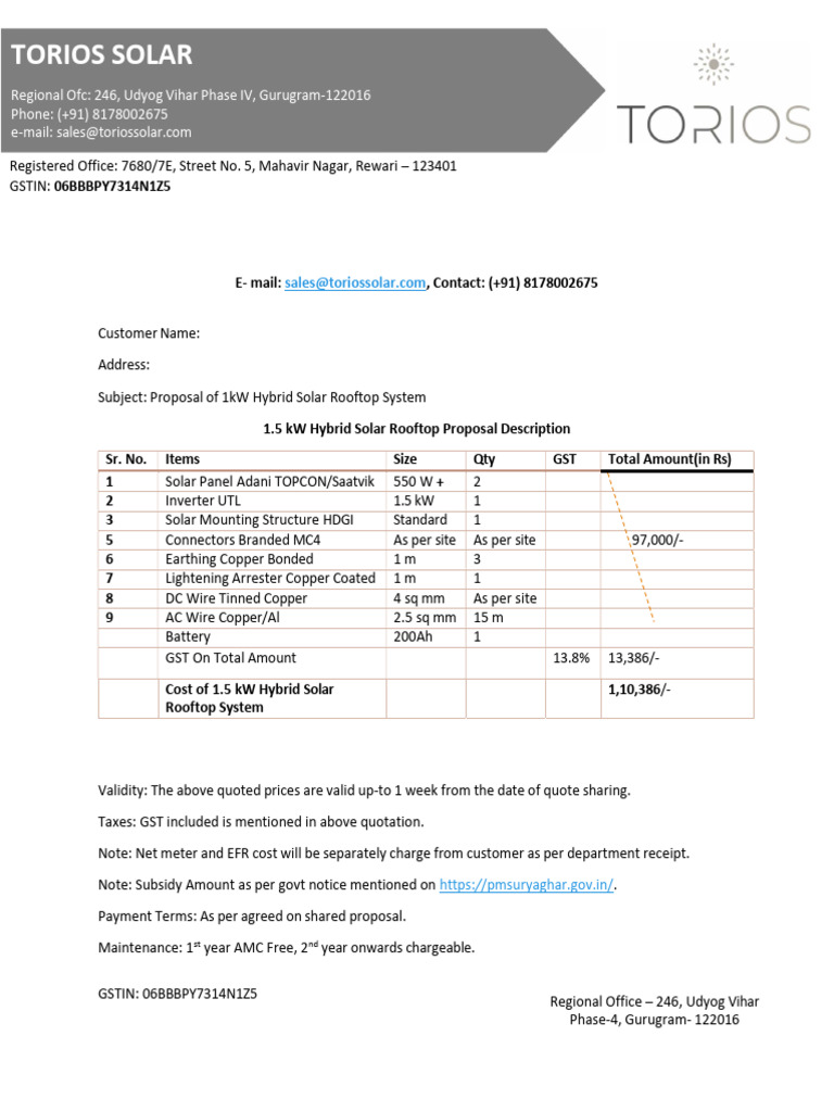 1.5 kW Hybrid Solar Rooftop Proposal | PDF | Electric Power
