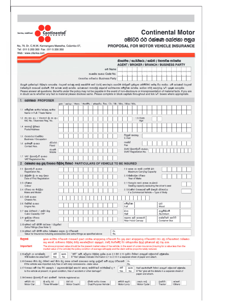 Motor Vehicle Proposal Form | PDF