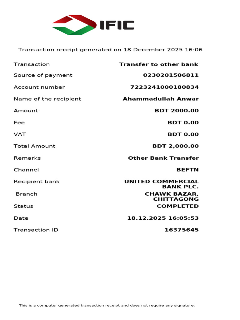BEFTN Transfer Receipt - 18 Dec 2025 | PDF