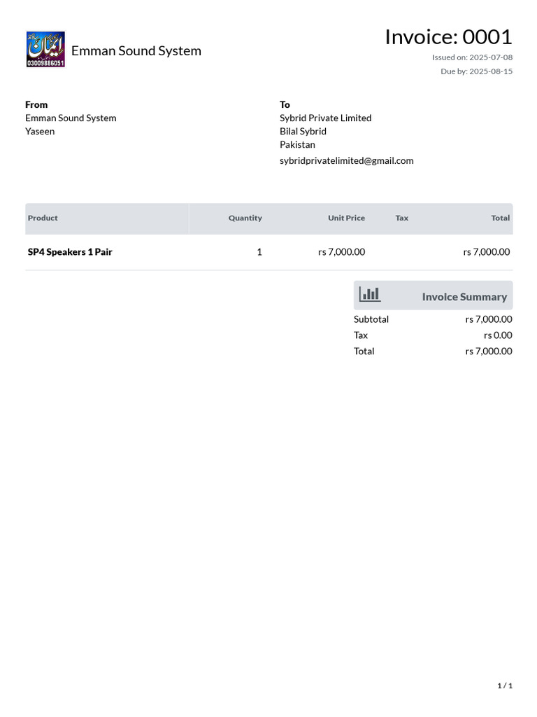 Invoice for SP4 Speakers Purchase | PDF