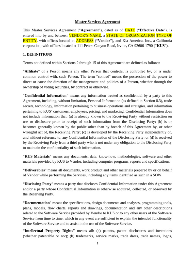 Kus Form - Msa Template General (Kus 7.26.23) | PDF | Indemnity | Insurance