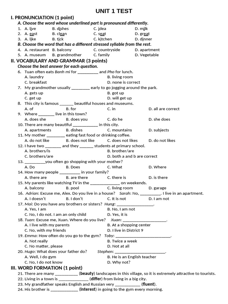 English Unit 1 Test: Pronunciation & Grammar | PDF