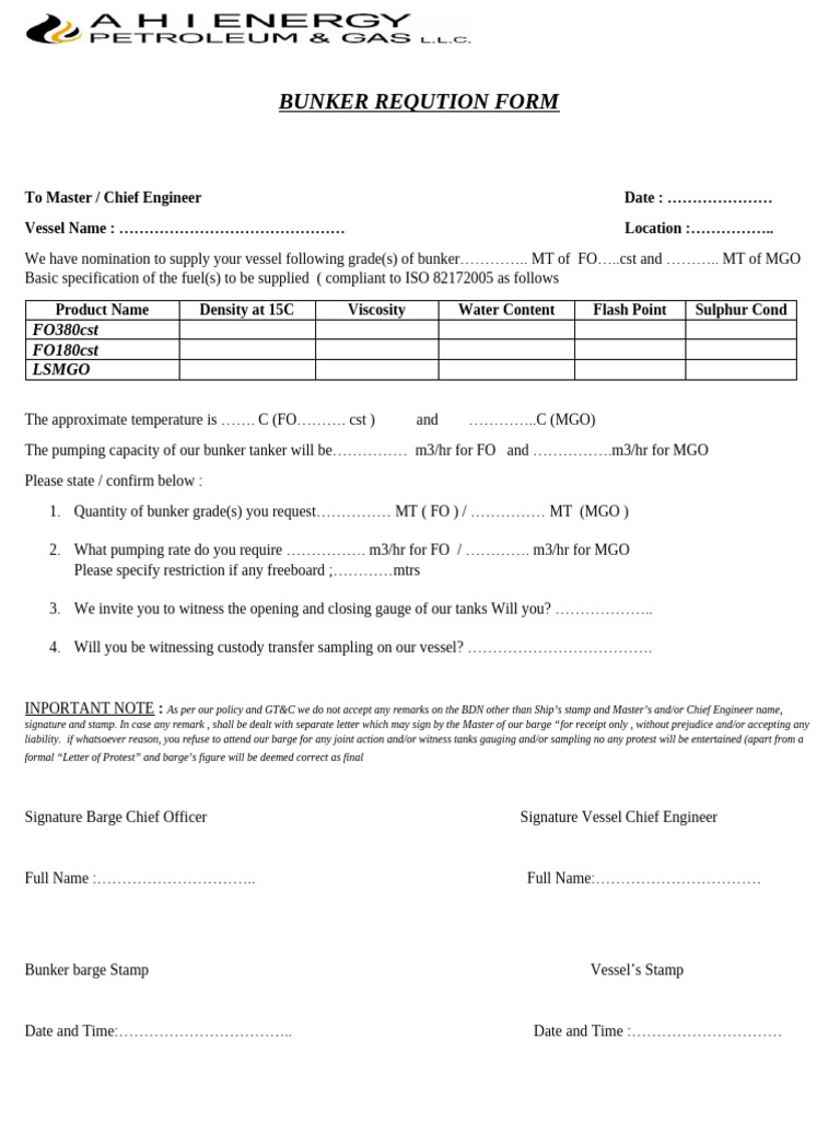 Bunker Requisition Form for Vessels | PDF | Fuel Oil