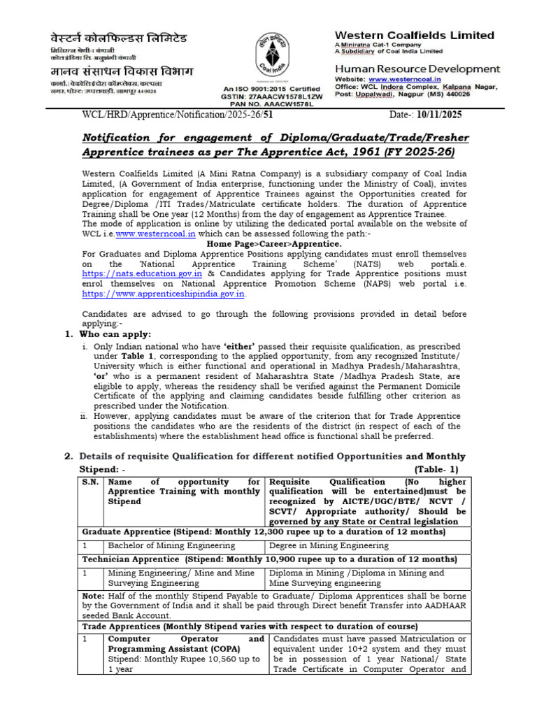 WCL Apprentice Bharti 2025 for 1213 Posts | PDF | Apprenticeship | Diploma