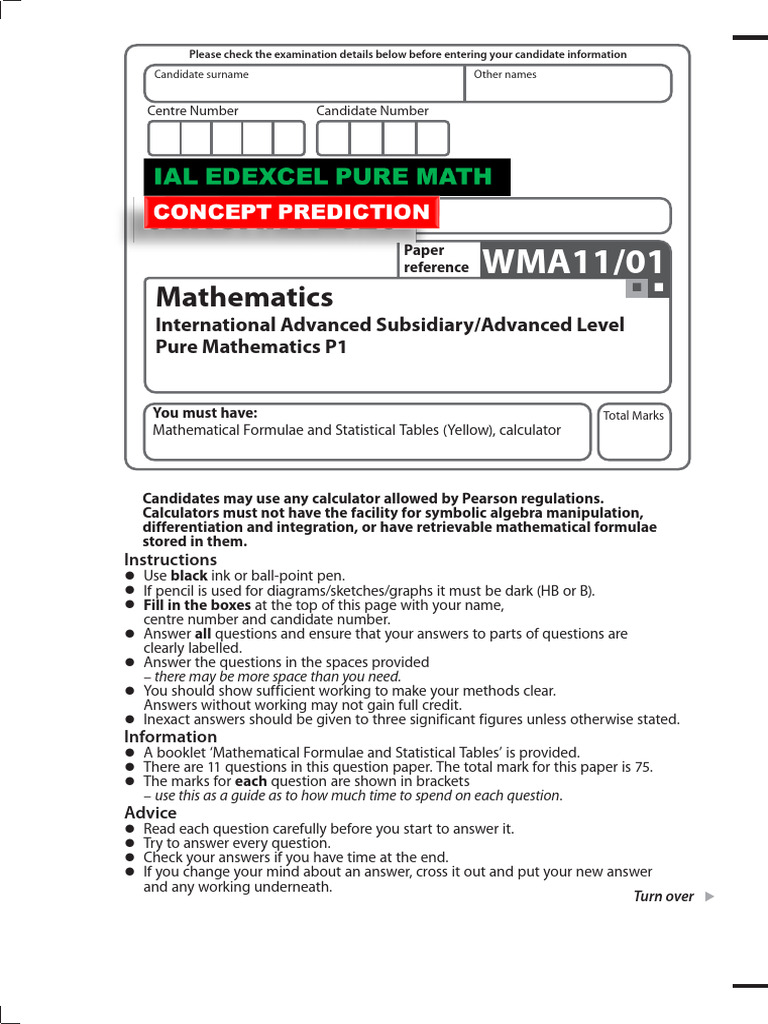 Pure Mathematics P1 Exam Instructions | PDF | Mathematics | Algebra