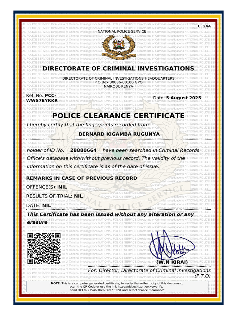 Police Clearance Certificate for Bernard Rugunya | PDF
