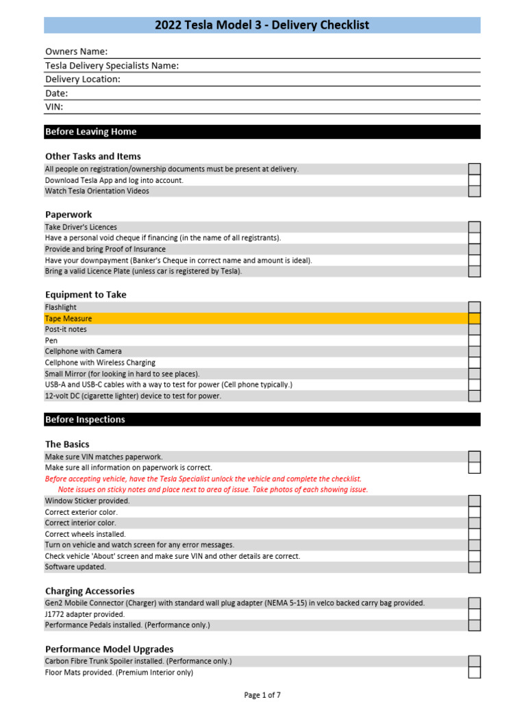 2022 Tesla Model 3 Delivery Checklist | PDF