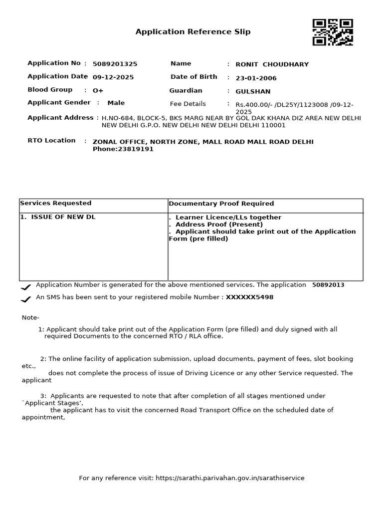 Application Reference Slip for Driving Licence | PDF