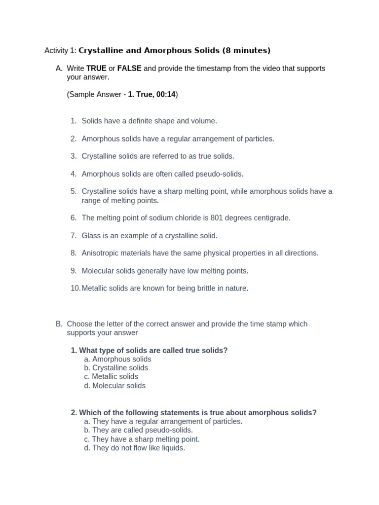 Activity 1 - Crystalline and Amoorphous Solids | PDF | Solid | Crystal