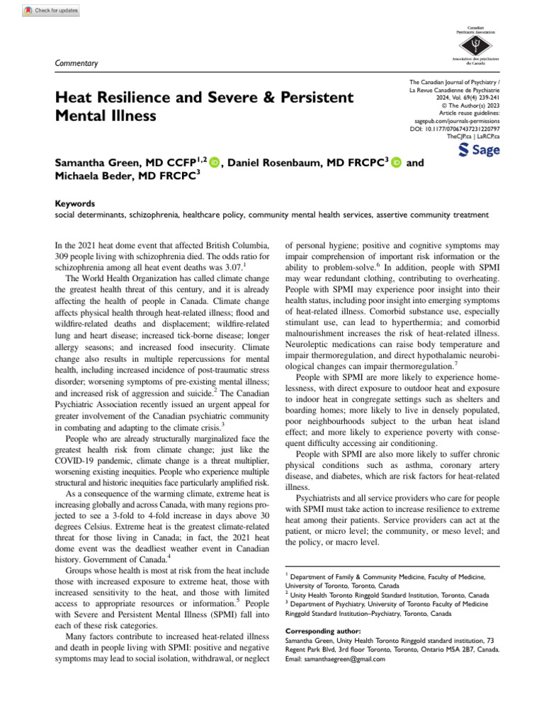 Heat Resilience and Severe & Persistent Mental Illness | PDF | Mental ...