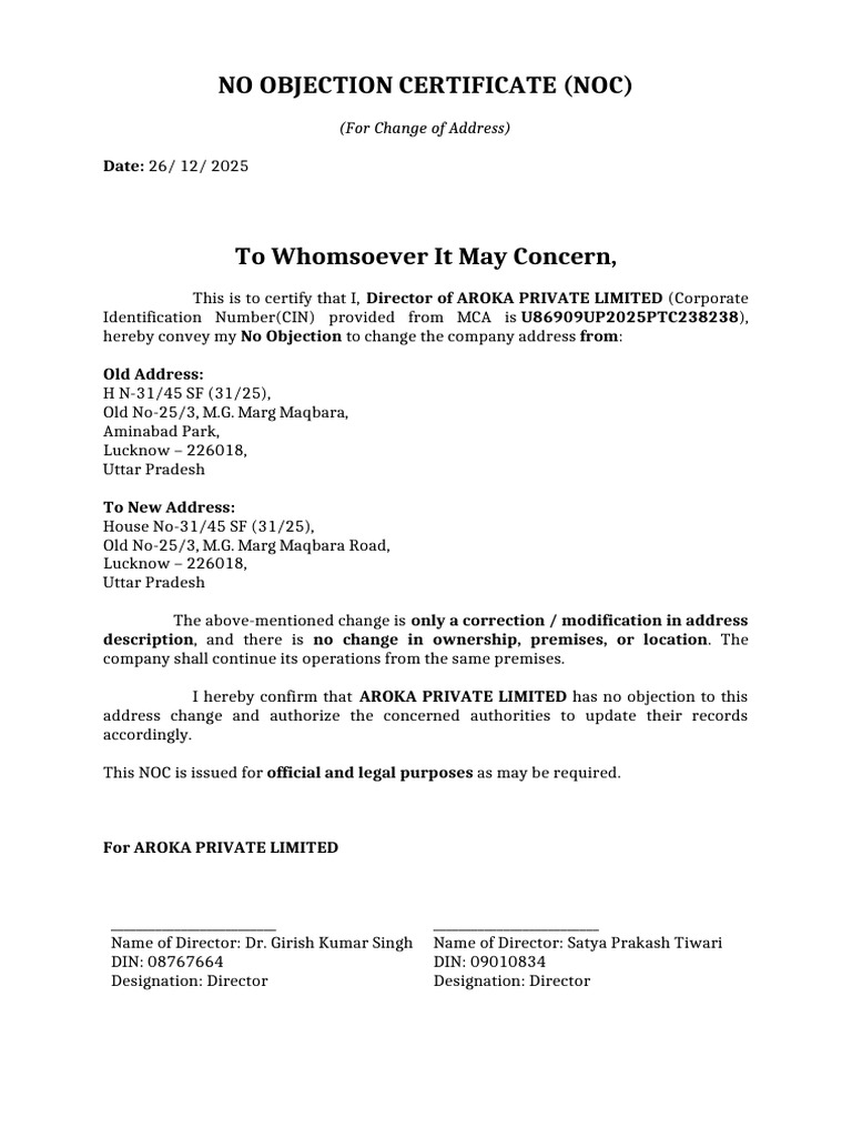 No Objection Certificate for Address Change | PDF