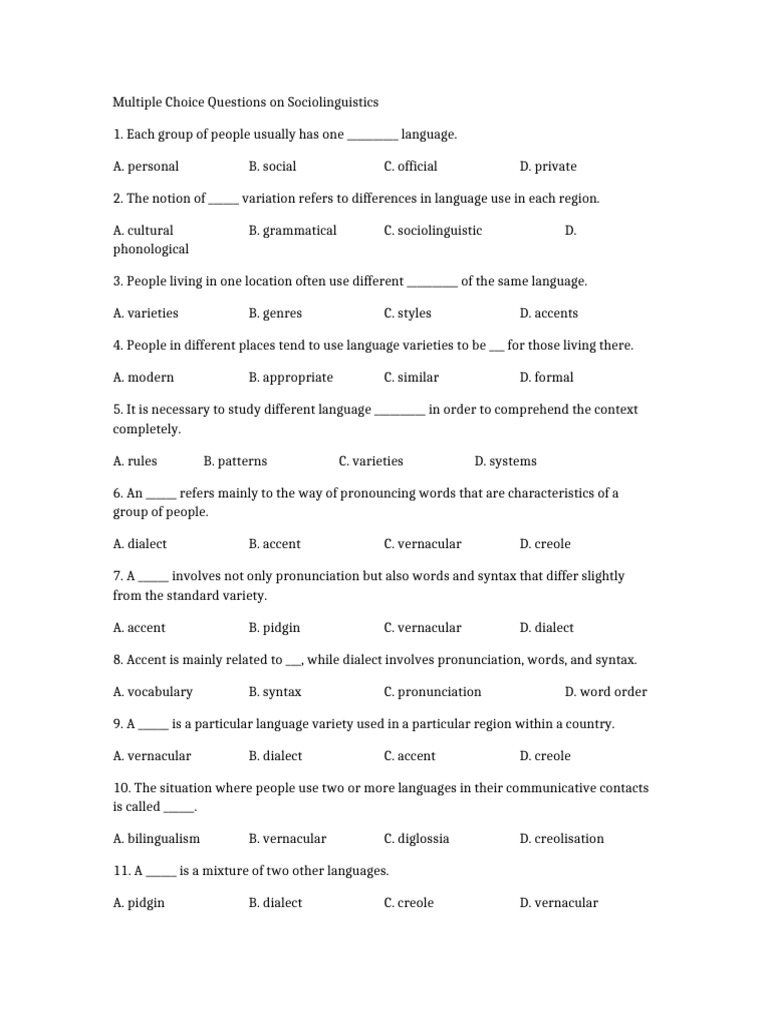 Sociolinguistics Multiple Choice Quiz | PDF | Linguistics | Grammar