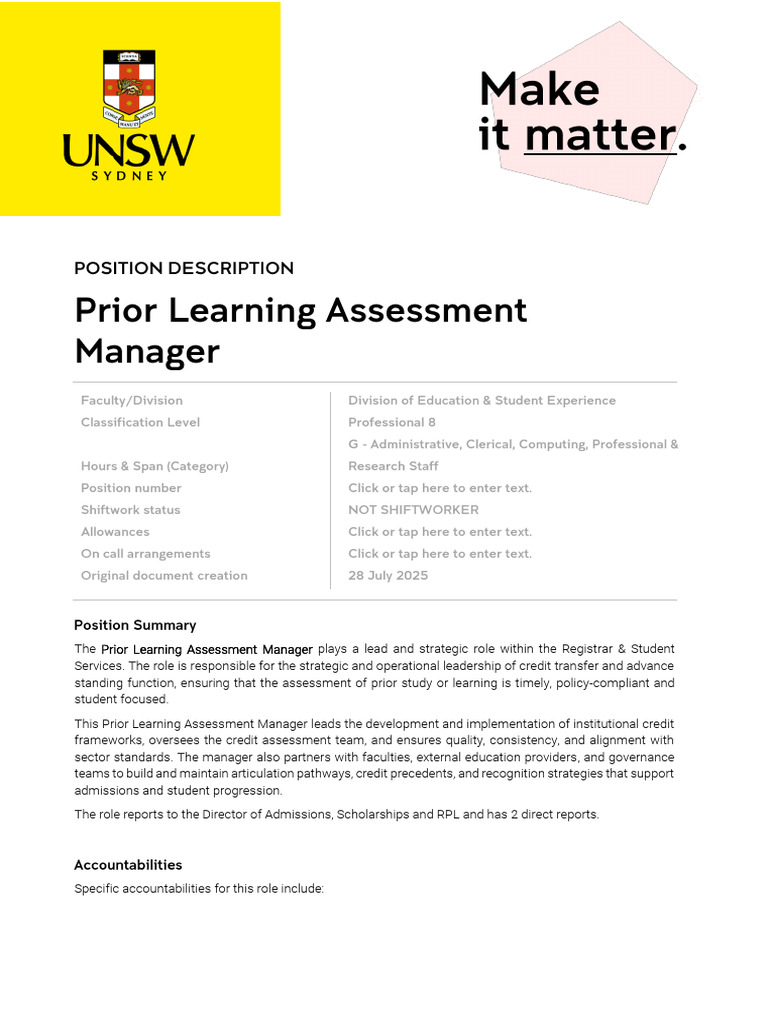 Prior Learning Assessment Manager Role | PDF | Governance | Policy