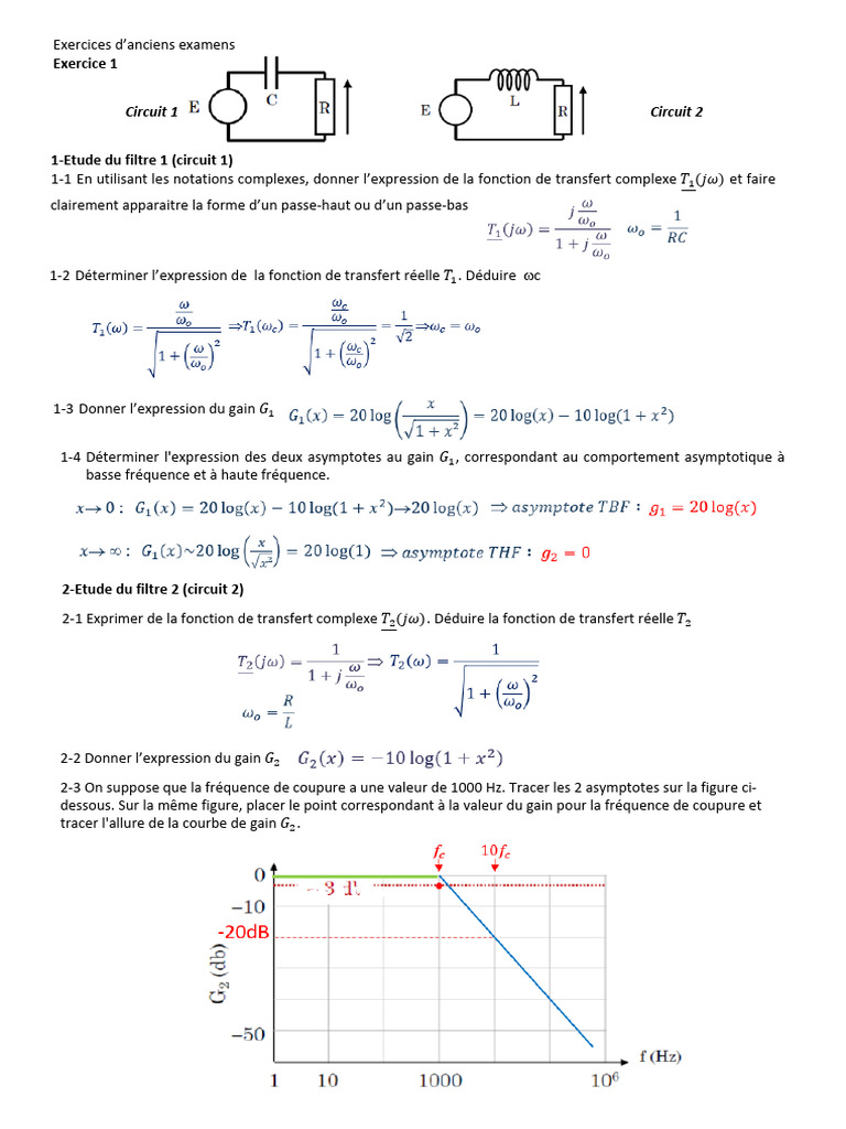 Exercices sur les filtres RLC et transferts | PDF | Filtre passe-bas ...