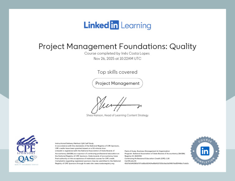 CertificateOfCompletion - Project Management Foundations Quality | PDF