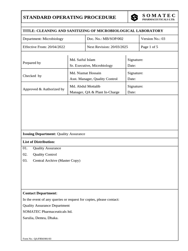 Microbiology Lab Cleaning SOP | PDF