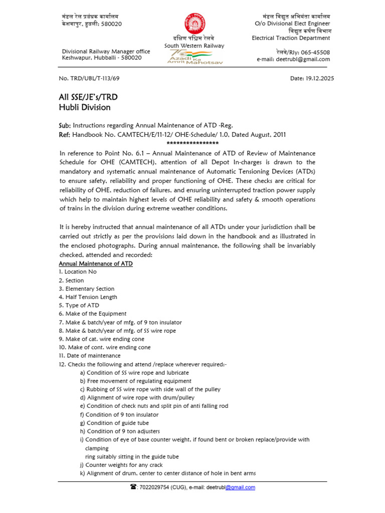 Instructions Regarding Annual Maintenance of ATD | PDF | Manufactured Goods