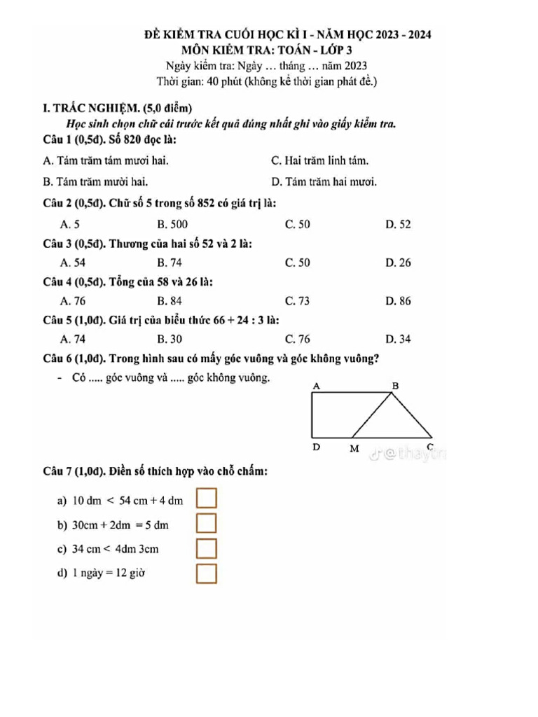 Ktra Toán 1 | PDF