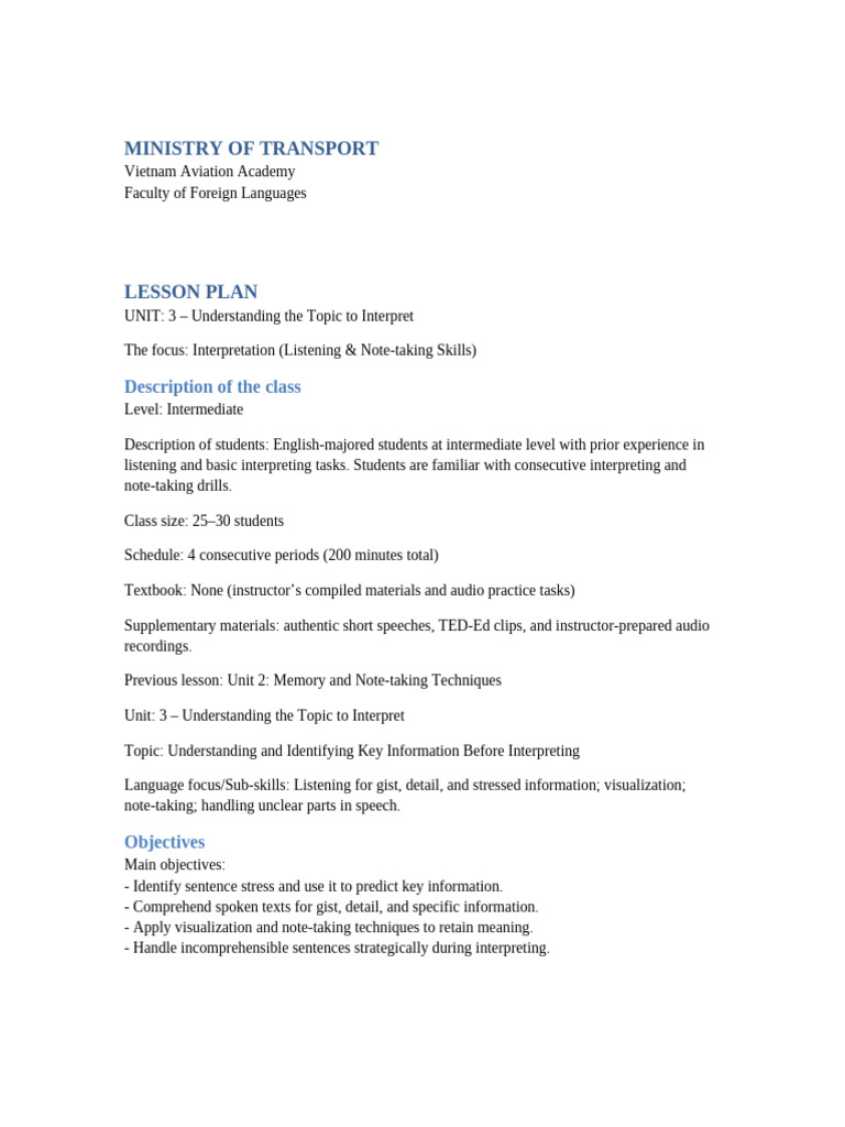 Intermediate Interpreting Lesson Plan | PDF | Psychological Concepts ...