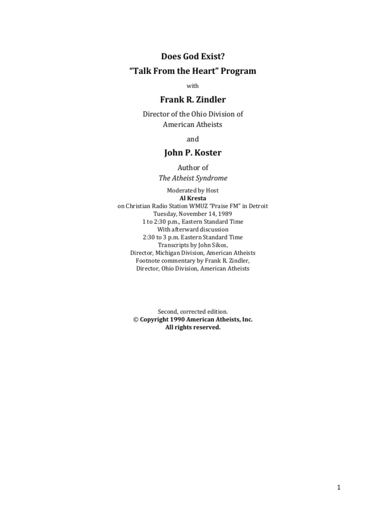 Does God Exist A Debate Between John Kos | PDF | Atheism | God