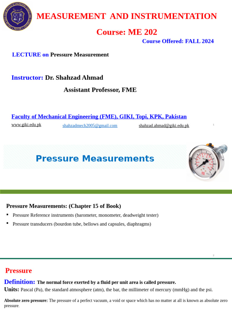 Pressure Measurement Techniques Overview | PDF | Pressure Measurement ...