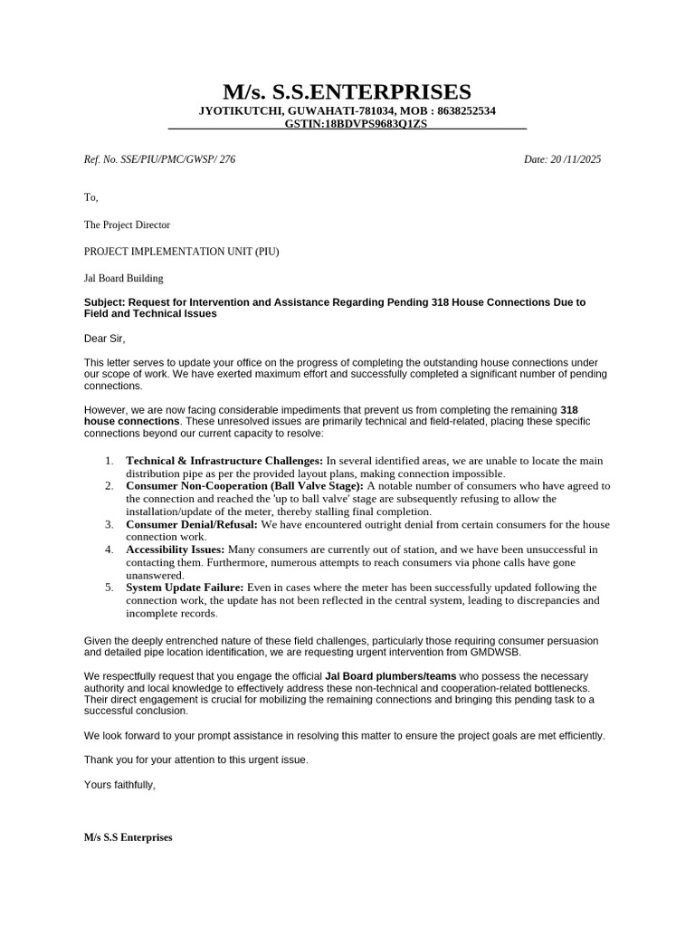 Letter to Pd for 318 Connection Issue | PDF
