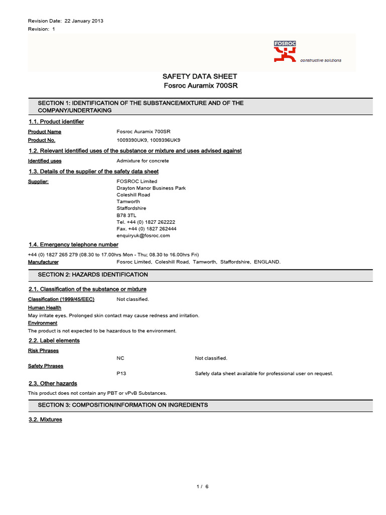 Fosroc Auramix 700SR Safety Data Sheet | PDF | Dangerous Goods | Carbon ...