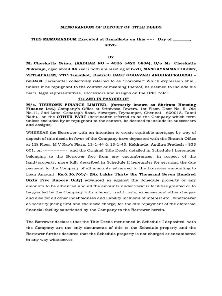 Memorandum of Deposit of Title Deed1 (10) | PDF | Personal Finance ...