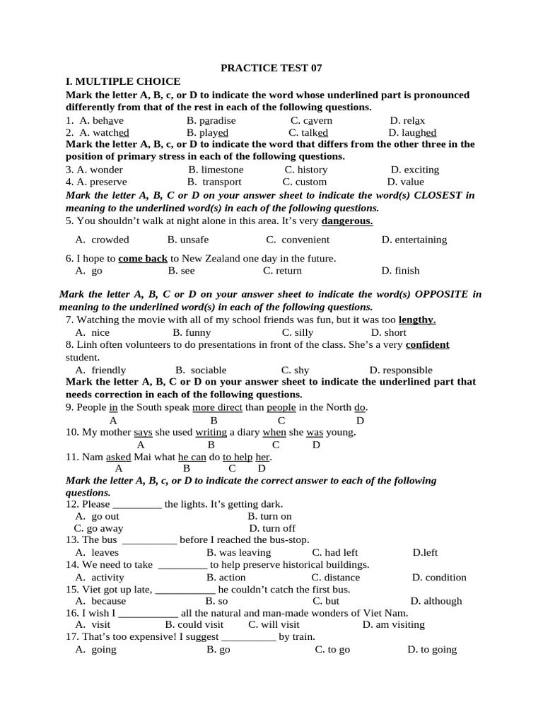 Practice Test 07: Vocabulary & Grammar | PDF | Cost Of Living