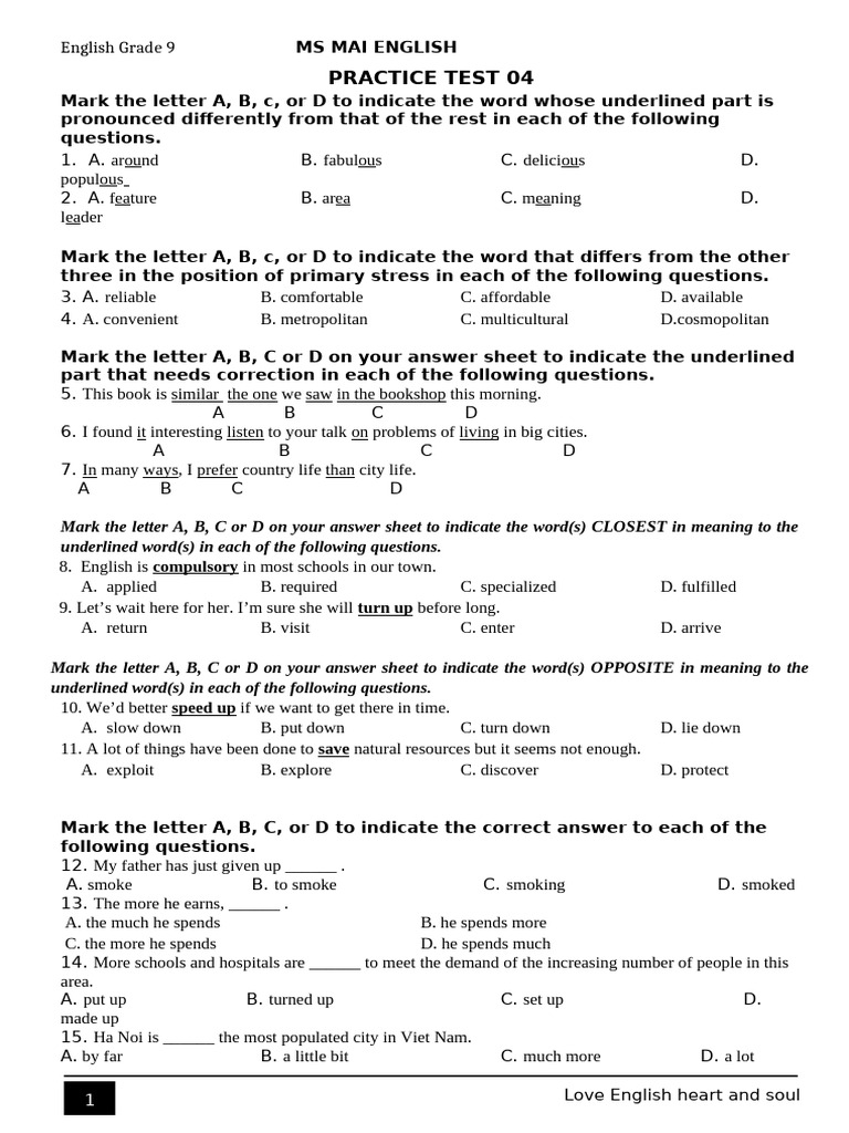 Grade 9 English Practice Test 04 | PDF | Cost Of Living | Air Pollution