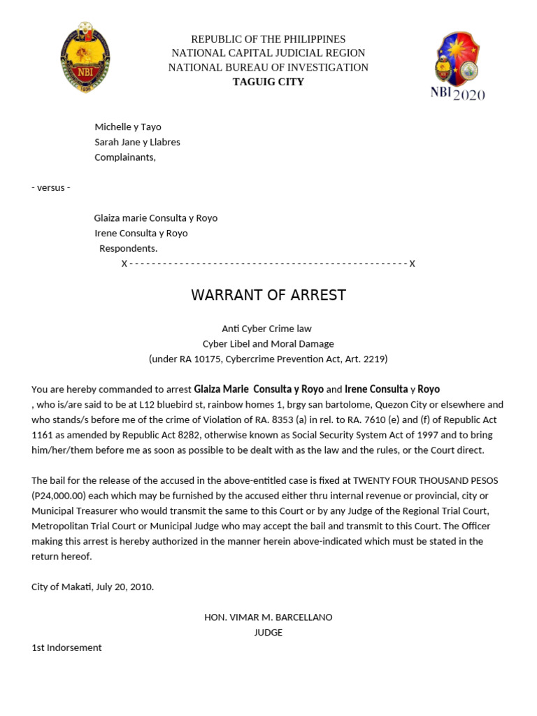 Warrant of Arrest for Cyber Libel Case | PDF