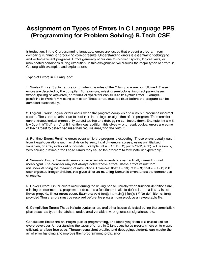 Types of Errors in C Assignment | PDF | C (Programming Language ...