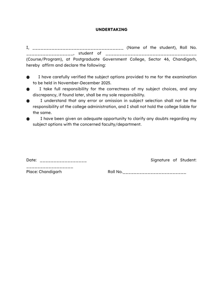 Student Subject Selection Undertaking | PDF