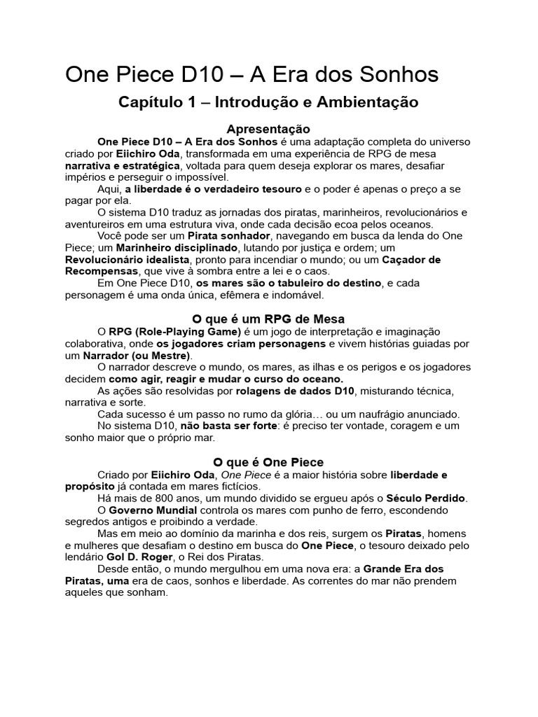 One Piece D10: RPG de Piratas e Sonhos | PDF | Jogos de RPG | Pirataria