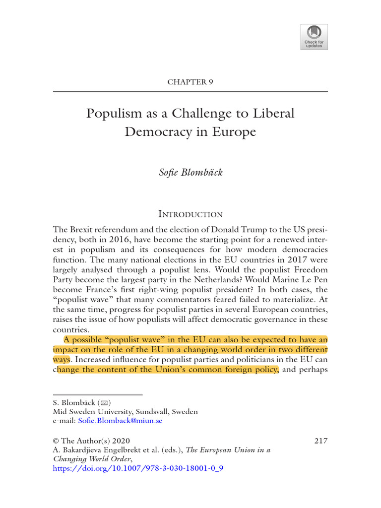 BLOMBACK - Populism As Challenge To Liberal Democracy in Europe | PDF ...