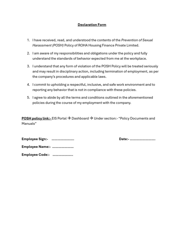 POSH Policy Acknowledgment Form | PDF