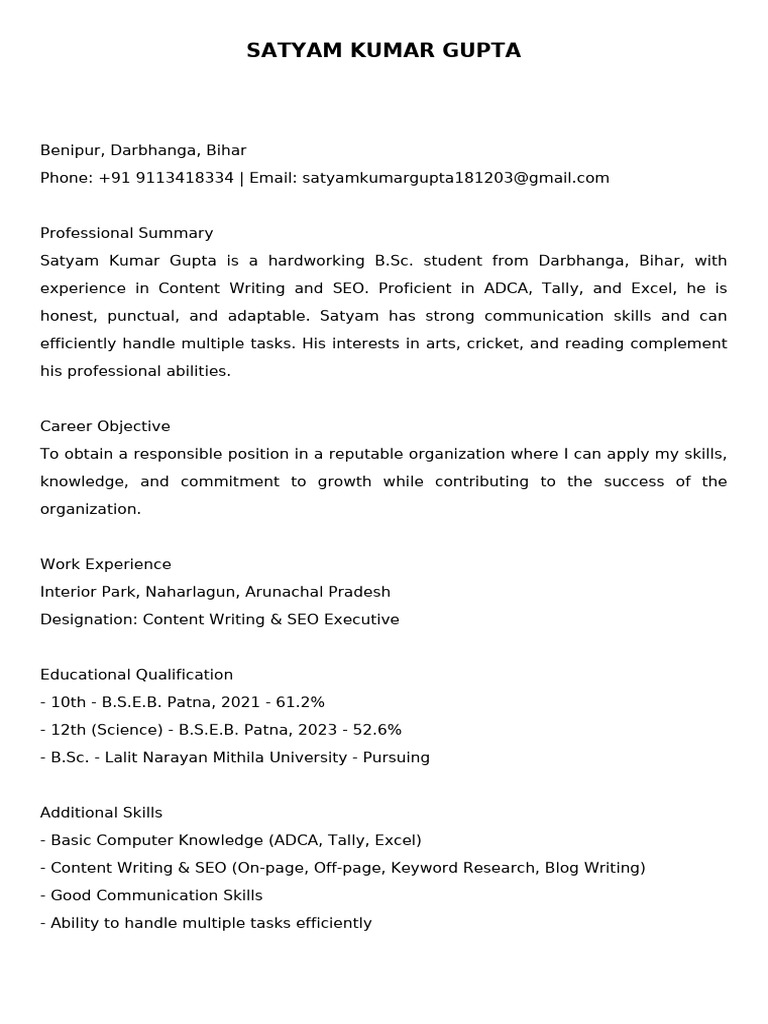 Satyam Kumar Gupta - SEO & Content Writer | PDF