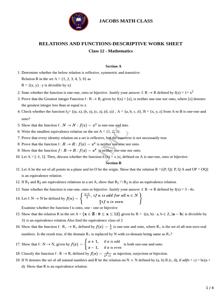 Relations and Functions - Descriptive Assignment | PDF | Function ...