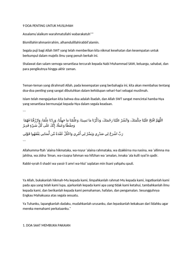 9 Doa Penting untuk Muslimah Sehari-hari | PDF
