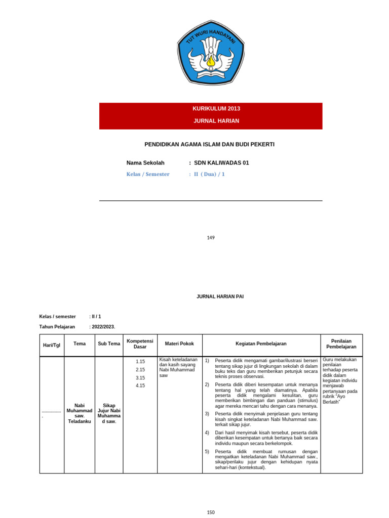 Jurnal Harian PAI Kelas II SD 2022 | PDF