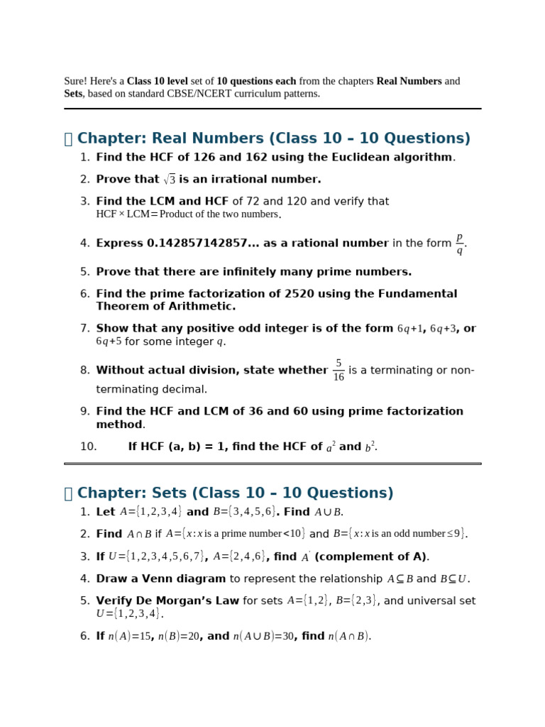 Class 10 Real Numbers and Sets Questions | PDF