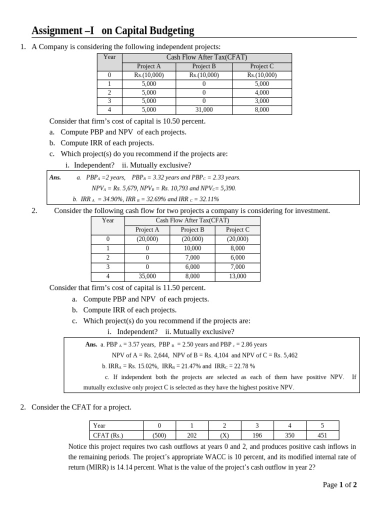 Capital Budgeting Analysis and Recommendations | PDF | Capital ...