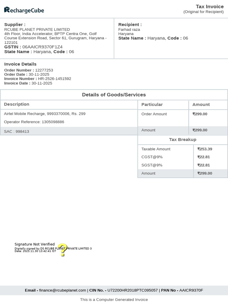 Tax Invoice for Airtel Recharge | PDF