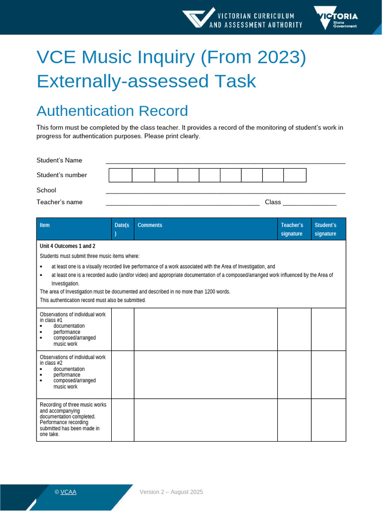 VCE Music Inquiry Authentication Record | PDF