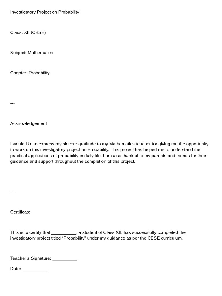 Investigatory Project on Probability | PDF | Probability | Experiment