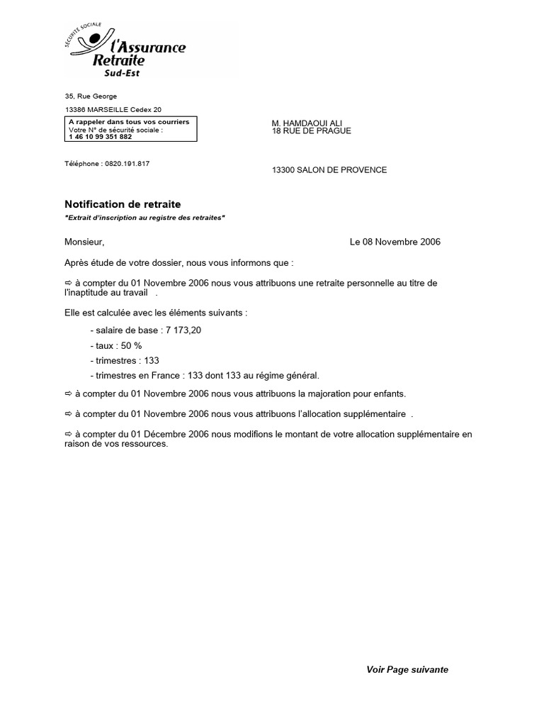 Notification de Retraite et Allocations | PDF