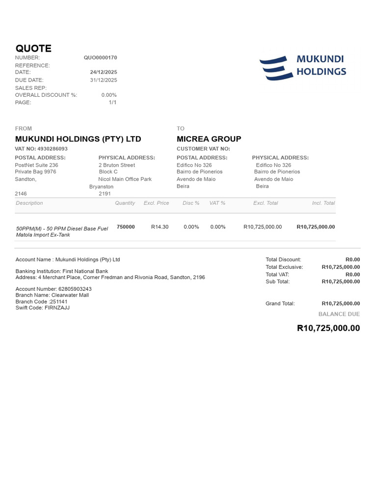 Diesel Fuel Quotation for Mukundi Holdings | PDF