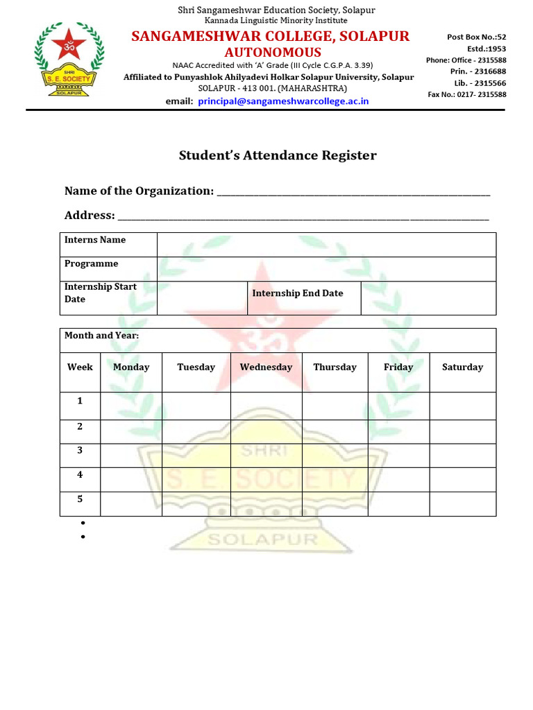 Internship Attendance Register Template | PDF
